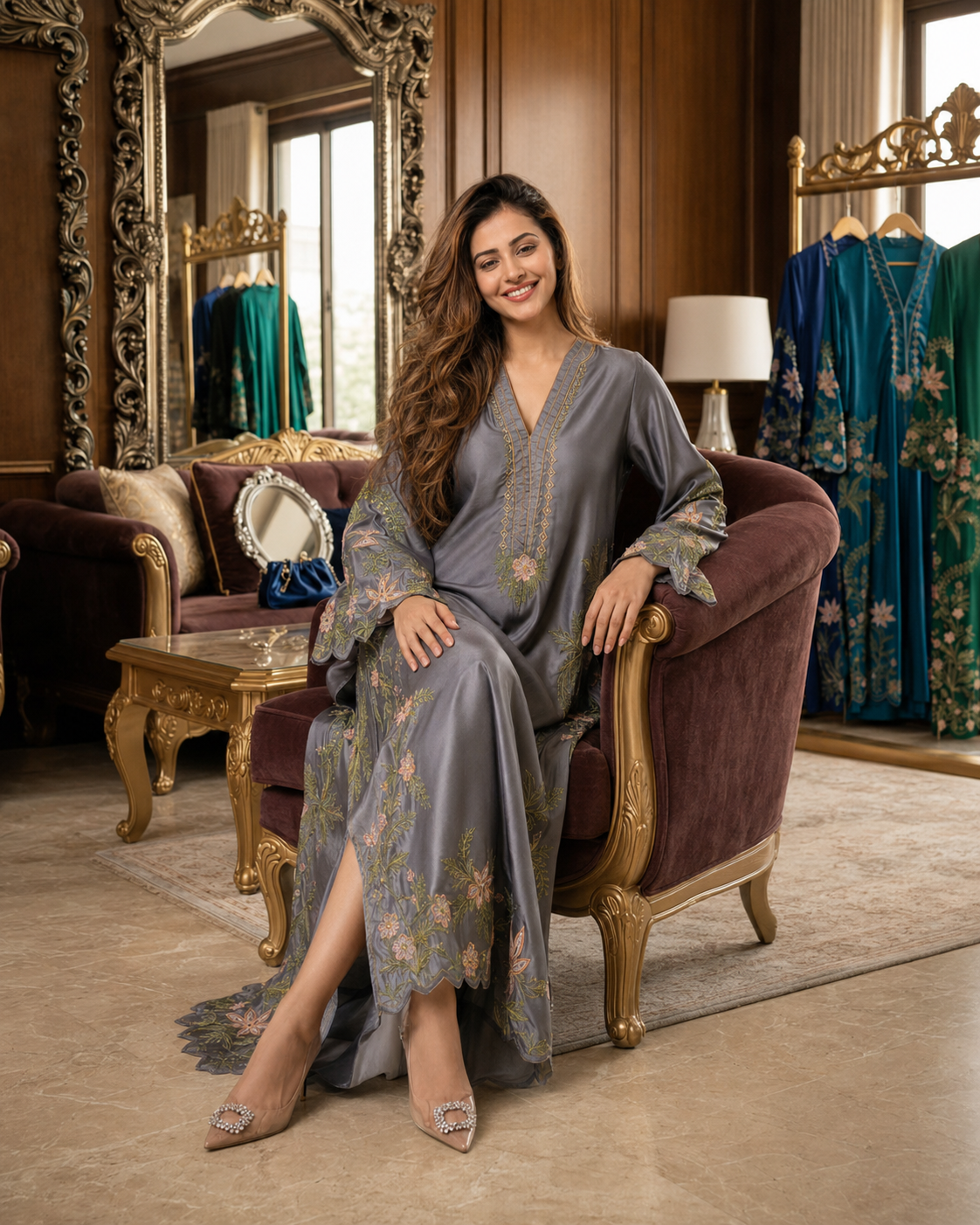 Elara Long Kaftan Embroidered Silk  3 Piece Set