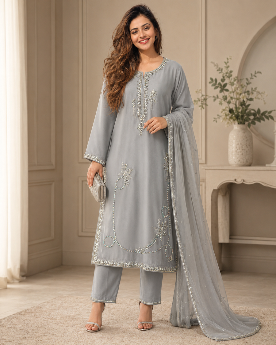 Rhinestone Grace Handworked Sheesha Silk 3 Piece Suit