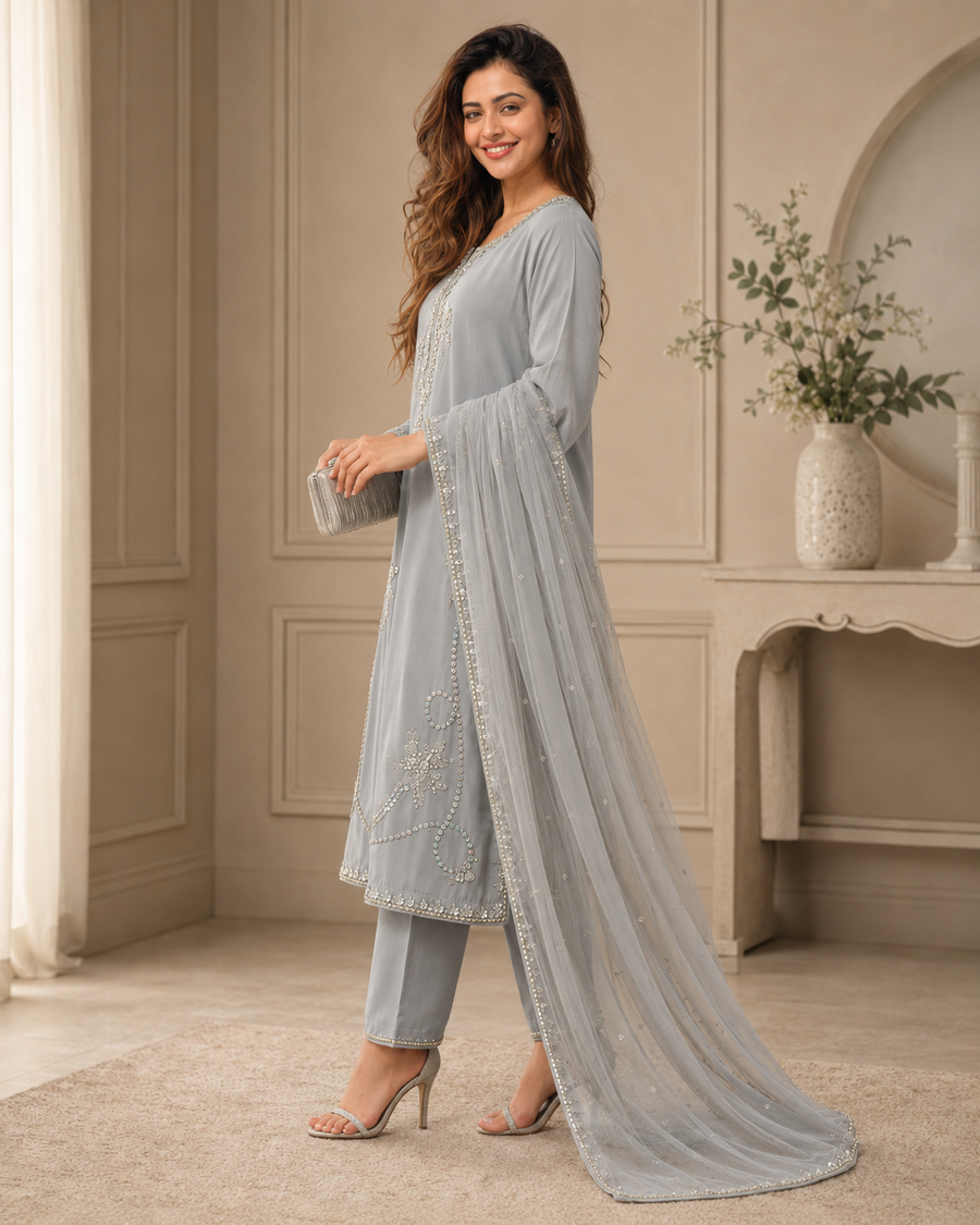 Rhinestone Grace Handworked Sheesha Silk 3 Piece Suit