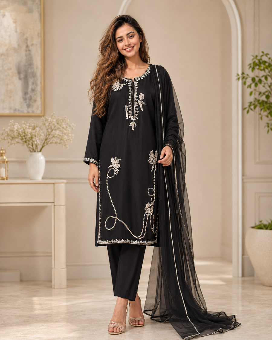 Rhinestone Grace Handworked Sheesha Silk 3 Piece Suit
