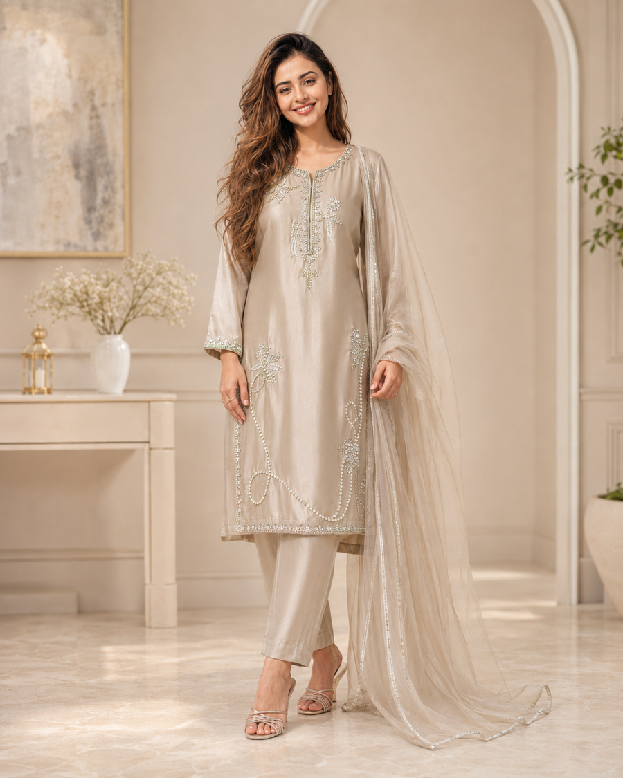 Rhinestone Grace Handworked Sheesha Silk 3 Piece Suit