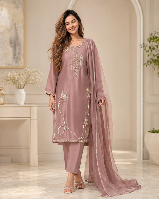 Rhinestone Grace Handworked Sheesha Silk 3 Piece Suit