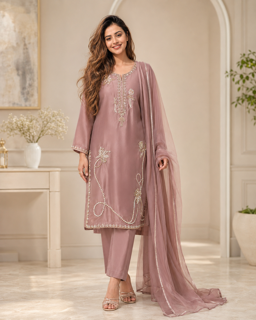 Rhinestone Grace Handworked Sheesha Silk 3 Piece Suit