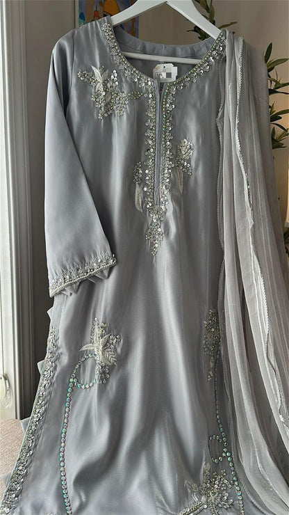 Rhinestone Grace Handworked Sheesha Silk 3 Piece Suit