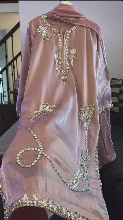 Rhinestone Grace Handworked Sheesha Silk 3 Piece Suit